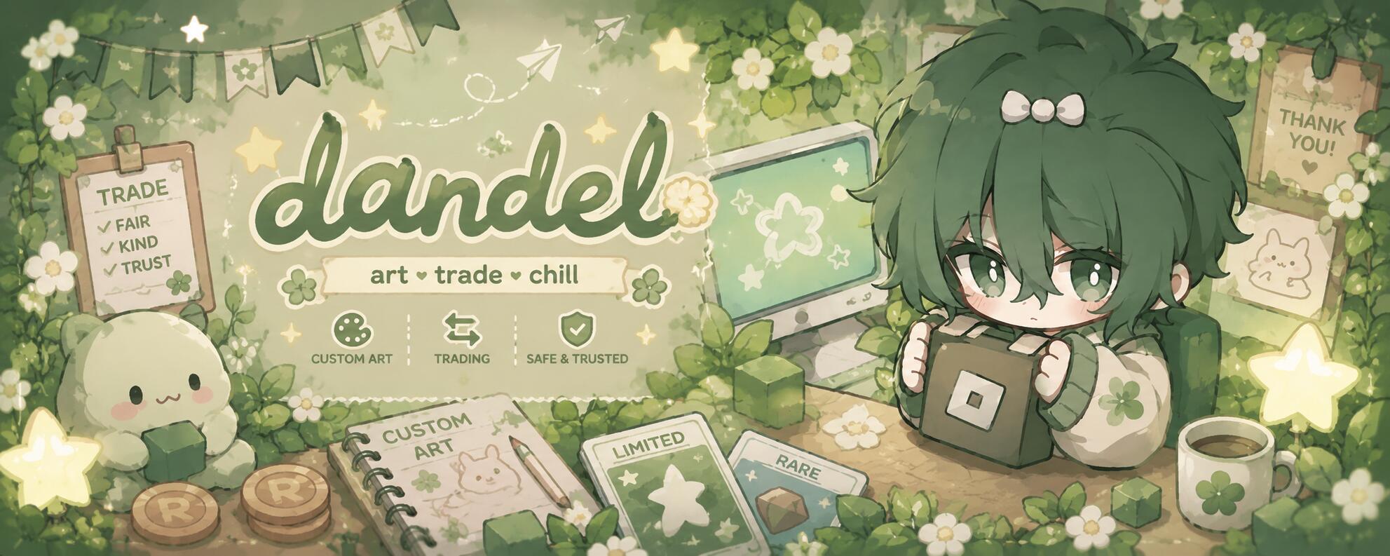 Discovery splash banner for Dandel — Art • Trade • Chill & MM Discord server